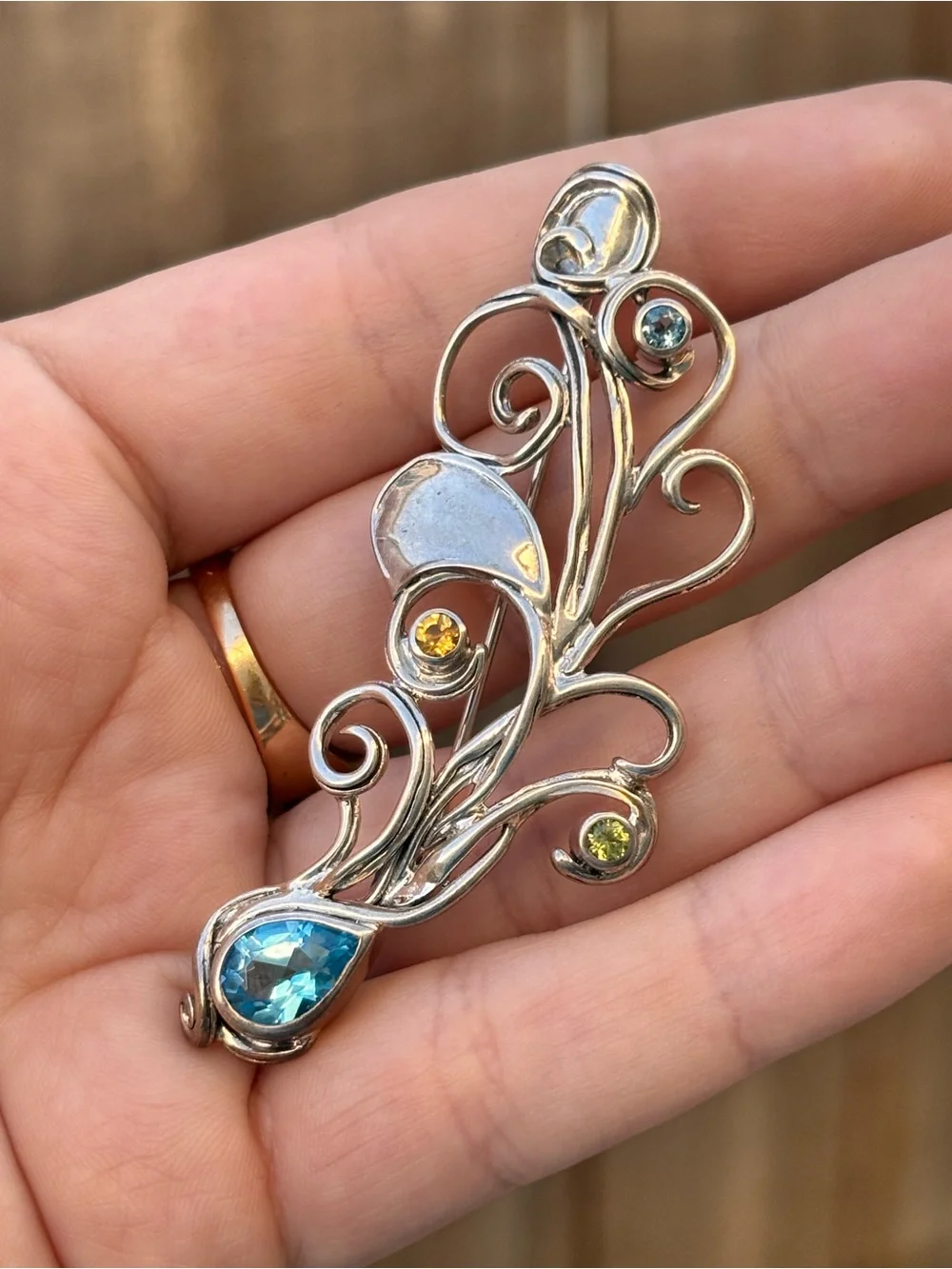Vintage Designer 925 Sterling Silver & Precious Gemstone Embellished Brooch